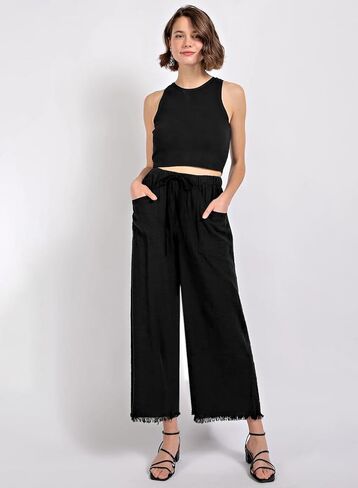 Womens Causal Wide Leg Pants Drawstring Elastic Waist Frayed Hem Flowy Palazzo Beach Pants Trousers with Pockets in Saudi Arabia