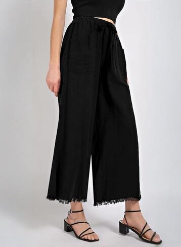 Womens Causal Wide Leg Pants Drawstring Elastic Waist Frayed Hem Flowy Palazzo Beach Pants Trousers with Pockets in Saudi Arabia
