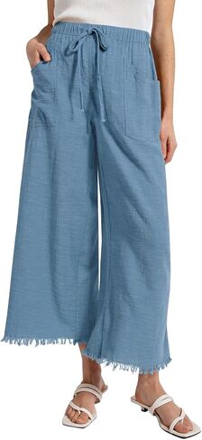 Womens Causal Wide Leg Pants Drawstring Elastic Waist Frayed Hem Flowy Palazzo Beach Pants Trousers with Pockets in Saudi Arabia