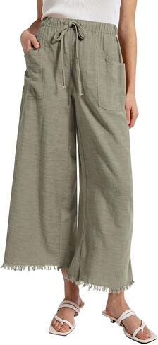 Womens Causal Wide Leg Pants Drawstring Elastic Waist Frayed Hem Flowy Palazzo Beach Pants Trousers with Pockets in Saudi Arabia