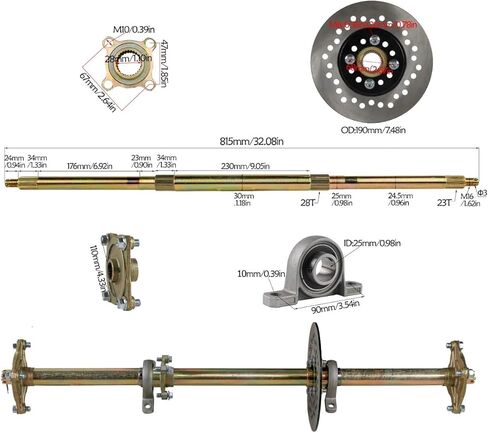 ZARKO 32 inch (810 mm) Go Kart Rear Live Axle Kit with 13x4.10-6 Tubeless Tires, 420 Sprocket, Brake Caliper, Pillow Block Bearings & 3-Stud Wheel Hubs for ATV Quad Drift Trike Buggy Golf Cart in Kuwait