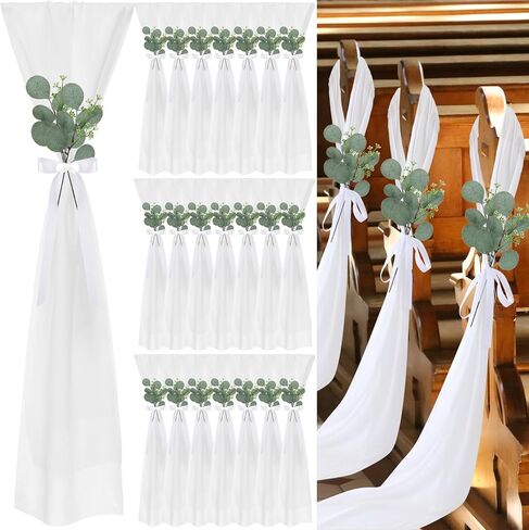 24 Sets Wedding Aisle Decorations for Wedding Ceremony Chiffon Chair Sashes with Ribbons and Artificial Eucalyptus Stem Decor for Wedding Church Chair Aisle Bulk Decorations in Saudi Arabia