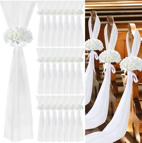24 Sets Wedding Aisle Decorations for Wedding Ceremony Chiffon Chair Sashes with Ribbons and Artificial Eucalyptus Stem Decor for Wedding Church Chair Aisle Bulk Decorations in Saudi Arabia