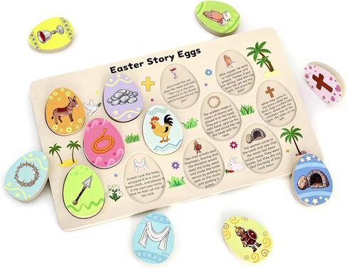 12 قطعة من بيض عيد الفصح الخشبي مع رموز ذات معنى، هدايا مسيحية تفاعلية وتعليمية لعيد الفصح، حشو سلة صيد عيد الفصح، مستلزمات أنشطة حفلات يسوع الدينية in Kuwait