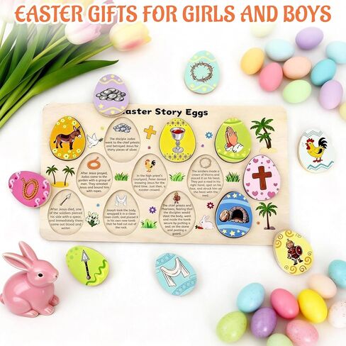 12 قطعة من بيض عيد الفصح الخشبي مع رموز ذات معنى، هدايا مسيحية تفاعلية وتعليمية لعيد الفصح، حشو سلة صيد عيد الفصح، مستلزمات أنشطة حفلات يسوع الدينية in Kuwait