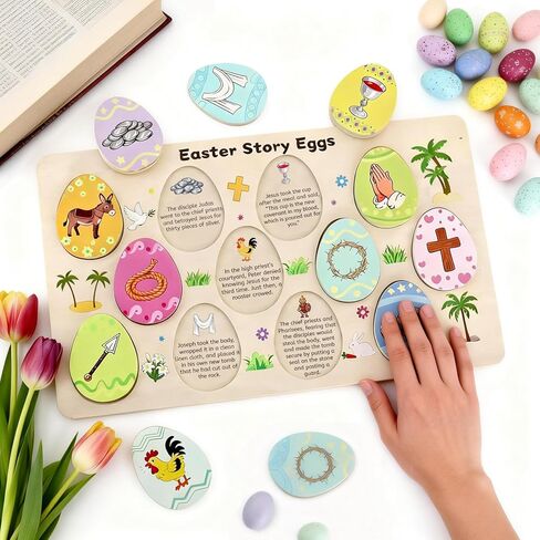 12 قطعة من بيض عيد الفصح الخشبي مع رموز ذات معنى، هدايا مسيحية تفاعلية وتعليمية لعيد الفصح، حشو سلة صيد عيد الفصح، مستلزمات أنشطة حفلات يسوع الدينية in Kuwait