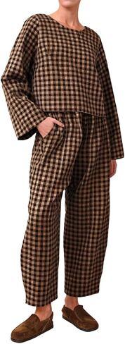 طقم صالة نسائي مكون من قطعتين بأكمام طويلة منقوش بلوزات قصيرة عالية الخصر وفضفاضة عند الكاحل مع جيوب in Kuwait