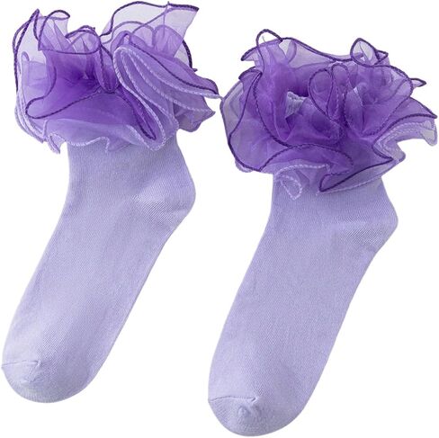 OYOANGLE Women's Sheer Ruffle Trim Crew Sock Comfortable Soft Y2K Lolita Frilly Socks in Saudi Arabia