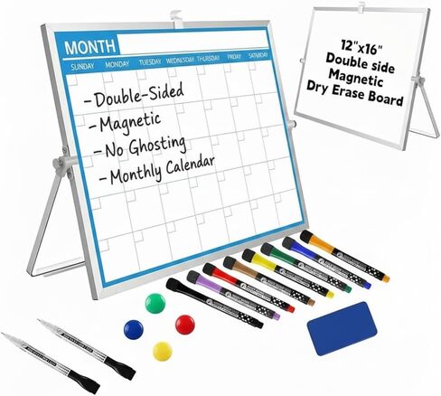 ​Magnetic Desktop Whiteboard with Calendar 12x16 Inch, Double Sided Tabletop Whiteboard with 10 Premium Markers (for Small Grids), 15-Pc Portable Monthly Planner for Office & School in Saudi Arabia