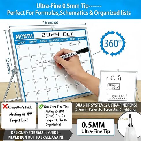 ​Magnetic Desktop Whiteboard with Calendar 12x16 Inch, Double Sided Tabletop Whiteboard with 10 Premium Markers (for Small Grids), 15-Pc Portable Monthly Planner for Office & School in Saudi Arabia
