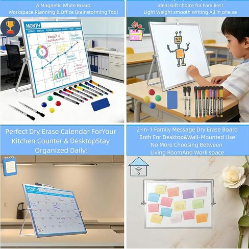 ​Magnetic Desktop Whiteboard with Calendar 12x16 Inch, Double Sided Tabletop Whiteboard with 10 Premium Markers (for Small Grids), 15-Pc Portable Monthly Planner for Office & School in Saudi Arabia