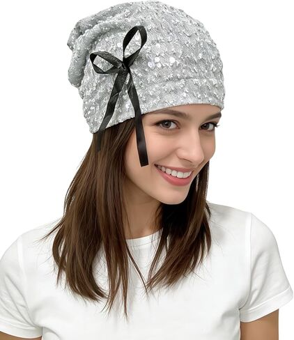 BOLLEY JOSS Womens Sparkly Slouchy Beanie Hat Cute Y2k Bowknot Tie Summer Skull Cap Fashion Sequined Hats Baggy Headwear in Saudi Arabia