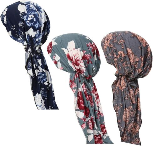 ® 3 قطع من أغطية الرأس الكيميائية للنساء من قبعات السرطان، قبعات كيميائية مربوطة مسبقًا، وشاح رأس مرن ناعم in Kuwait