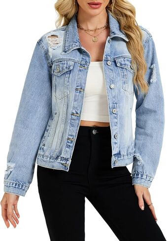 LifeShe Denim Jacket for Women Basic Fitted Distressed Jean Jackets Spring Ripped Shacket Coats Trendy in Saudi Arabia
