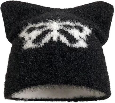 Cute Knitted Beanie Butterfly Star Pattern & Cat Ear Shape Plush Hat for Cold Weather Autumn Winter Outfits in Kuwait