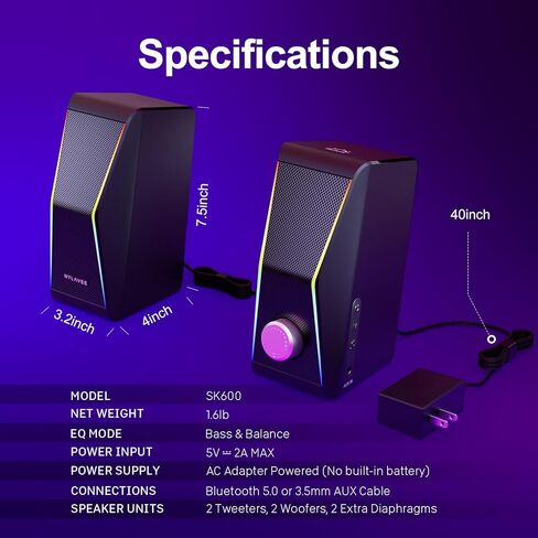 Computer Speakers, Dynamic RGB PC Speakers, Bluetooth 5.0 HiFi Computer Speakers for Desktop with 2 Bass Diaphragms & 4 Speaker Units, USB Powered & 3.5mm AUX Cable for PC Laptop Monitor Tablet Phone in Kuwait