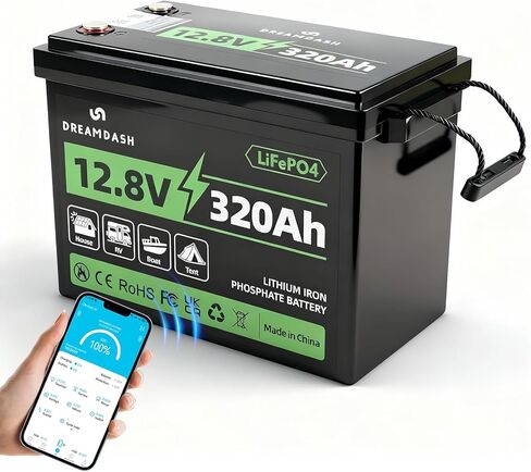 12V 320Ah LiFePO4 Battery Lithium Rechargeable with Bluetooth 200A BMS,Capacity ≥ 80% after 15000+ cycles, IP65,works from -10℃ to 55℃,for golf cart,RV, Boat,Campervan,Backup Power,Home Energy Storage in Kuwait