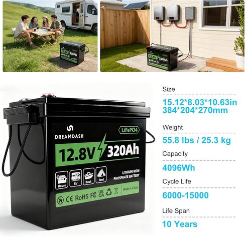 12V 320Ah LiFePO4 Battery Lithium Rechargeable with Bluetooth 200A BMS,Capacity ≥ 80% after 15000+ cycles, IP65,works from -10℃ to 55℃,for golf cart,RV, Boat,Campervan,Backup Power,Home Energy Storage in Kuwait