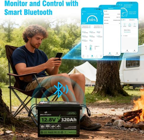 12V 320Ah LiFePO4 Battery Lithium Rechargeable with Bluetooth 200A BMS,Capacity ≥ 80% after 15000+ cycles, IP65,works from -10℃ to 55℃,for golf cart,RV, Boat,Campervan,Backup Power,Home Energy Storage in Kuwait