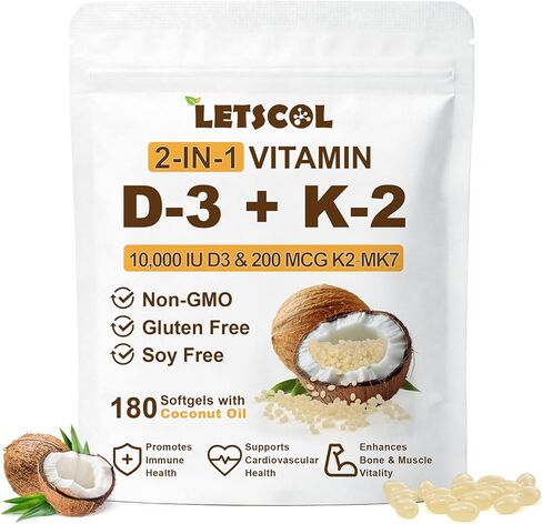 2-in-1 Vitamin D3 K2 Supplement Softgel, Vitamin D3 10000 IU and Vitamin K2 200 mcg, K2 MK7 with D3 Vitamin Supplement Support Immune, Heart, Joint, Teeth & Bone Health in Saudi Arabia