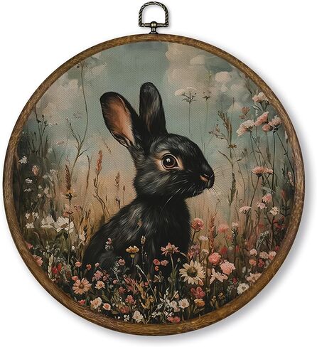 Qskjre St Patricks Day Bunny Wall Art Decor, Vintage Irish Green Shamrock Rabbit Gift Round Wood Framed Canvas Wall Artwork, Rustic Clover Hanging Prints for Nursery Bedroom Decorations 10x10inch in Saudi Arabia