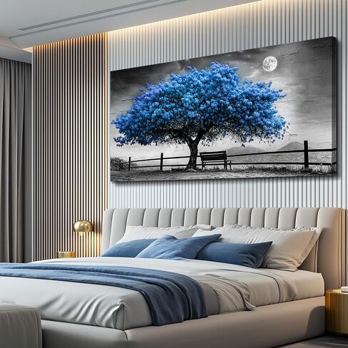 FUHAIHUA لوحة فنية جدارية من القماش لغرفة المعيشة ديكور جدار لغرفة النوم والمكتب ديكور جداري أبيض وأسود لوحة منظر طبيعي صور شجرة زرقاء غرفة عمل فنية ديكور منزلي جمالي 20 × 40 بوصة in Kuwait