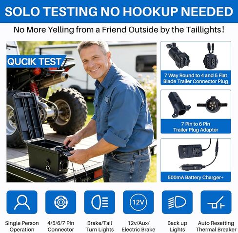 Trailer Light 7-Way Plug Tester with 7, 6, 4/5 Pin Adapter, Water-Resistant Portable Electric Brake Tester for RV/Boat/Utility Trailer with Short Circuit Protection(Battery NOT Included) in Kuwait