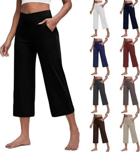 Capri Pants for Women Dressy Casual Wide Leg Yoga Pants with Pockets Crossover Pull On Capris Cropped Dress Pant in Saudi Arabia