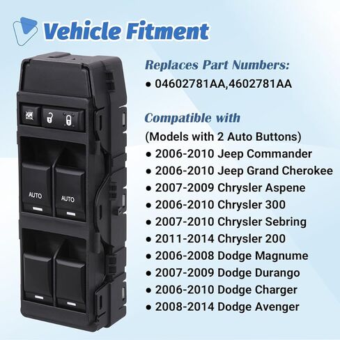 جانب سائق التحكم في الطاقة لمفتاح النافذة متوافق مع 2006-2014 Jeep Commander/Grand Cherokee، Chrysler Aspen/Chrysler 200/300/Sebring، Dodge Charger/Avenger/Magnum/Durango OEM 04602781AA in Saudi Arabia