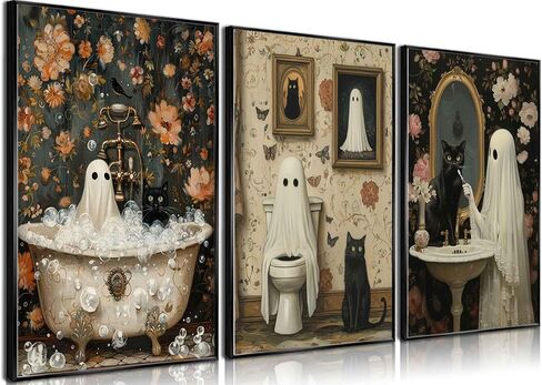 PPV 3Pcs Halloween Ghosts Posters Wall Art Horror Ghost and Black Cat in Bathroom Wall Decor Pictures Retro Horror Creepy Dark Academia Prints for Bathroom Gallery Home Decoration in Saudi Arabia