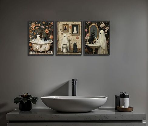 PPV 3Pcs Halloween Ghosts Posters Wall Art Horror Ghost and Black Cat in Bathroom Wall Decor Pictures Retro Horror Creepy Dark Academia Prints for Bathroom Gallery Home Decoration in Saudi Arabia