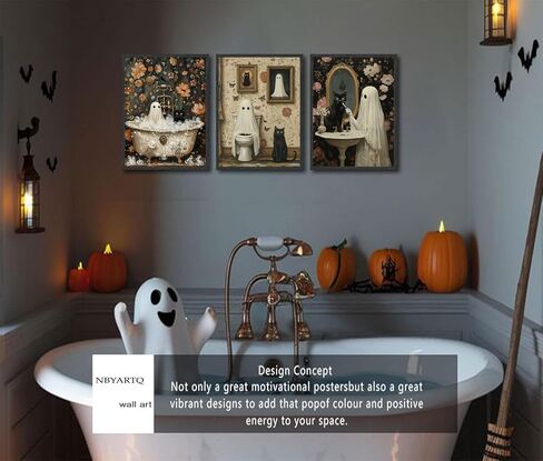 PPV 3Pcs Halloween Ghosts Posters Wall Art Horror Ghost and Black Cat in Bathroom Wall Decor Pictures Retro Horror Creepy Dark Academia Prints for Bathroom Gallery Home Decoration in Saudi Arabia