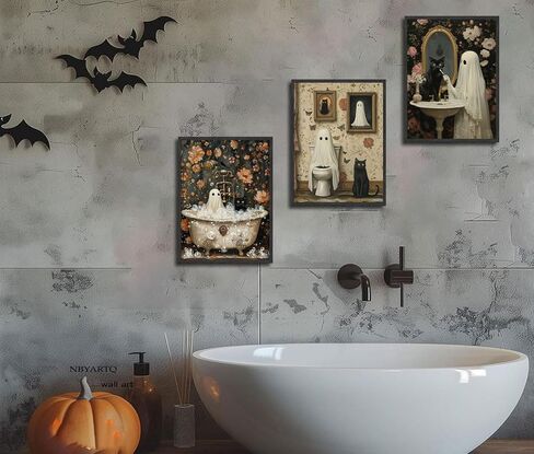 PPV 3Pcs Halloween Ghosts Posters Wall Art Horror Ghost and Black Cat in Bathroom Wall Decor Pictures Retro Horror Creepy Dark Academia Prints for Bathroom Gallery Home Decoration in Saudi Arabia