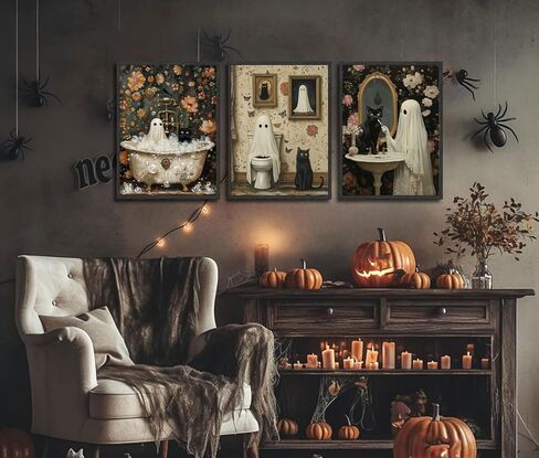 PPV 3Pcs Halloween Ghosts Posters Wall Art Horror Ghost and Black Cat in Bathroom Wall Decor Pictures Retro Horror Creepy Dark Academia Prints for Bathroom Gallery Home Decoration in Saudi Arabia