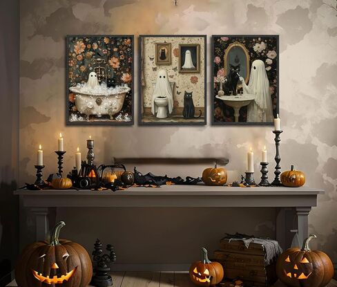 PPV 3Pcs Halloween Ghosts Posters Wall Art Horror Ghost and Black Cat in Bathroom Wall Decor Pictures Retro Horror Creepy Dark Academia Prints for Bathroom Gallery Home Decoration in Saudi Arabia
