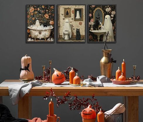 PPV 3Pcs Halloween Ghosts Posters Wall Art Horror Ghost and Black Cat in Bathroom Wall Decor Pictures Retro Horror Creepy Dark Academia Prints for Bathroom Gallery Home Decoration in Saudi Arabia