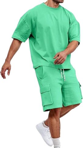 Aniywn رجل 2 قطعة ملابس الصيف موضة رياضية الركض رياضية خفيفة الوزن قطرة الكتف المعتاد تي شيرت مجموعة تي شيرتات قصيرة للأطفال in Kuwait