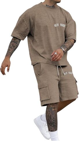 Aniywn Mens 2 Piece Outfits Summer Fashion Athletic Jogging Tracksuit Lightweight Drop Shoulder Oversize Tee Shirt Shorts Set in Saudi Arabia