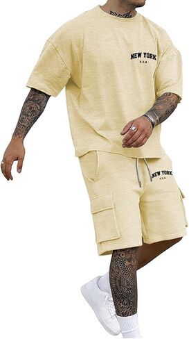 Aniywn Mens 2 Piece Outfits Summer Fashion Athletic Jogging Tracksuit Lightweight Drop Shoulder Oversize Tee Shirt Shorts Set in Saudi Arabia