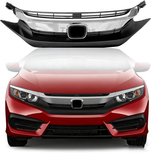 Front Bumper Grille for 2016 2017 2018 Honda Civic, Black with Chrome Molding Front Upper Hood Grill Replacement Part in Saudi Arabia