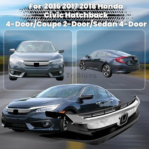 Front Bumper Grille for 2016 2017 2018 Honda Civic, Black with Chrome Molding Front Upper Hood Grill Replacement Part in Saudi Arabia