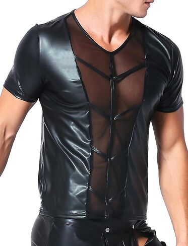 FEOYA Men’s Leather Shirts Short Sleeve Slim Fit Tops Short Sleeve Round Neck Clubwear Sexy Black Leather T-Shirts in Saudi Arabia