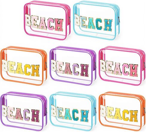 Kacctyen 8 Pcs Clear Beach Makeup Bags Bulk Summer Sunscreen Pouch Waterproof Toiletry Cosmetic Zippered Organizer with Preppy Chenille Letter Patch for Women Girls Beach Pool Vacation Gift in Saudi Arabia