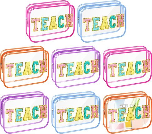 Kacctyen 8 Pcs Clear Beach Makeup Bags Bulk Summer Sunscreen Pouch Waterproof Toiletry Cosmetic Zippered Organizer with Preppy Chenille Letter Patch for Women Girls Beach Pool Vacation Gift in Saudi Arabia