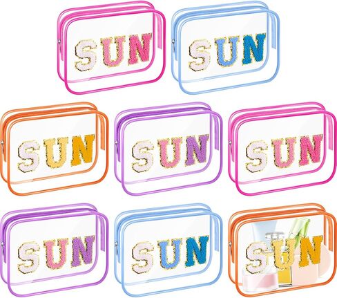 Kacctyen 8 Pcs Clear Beach Makeup Bags Bulk Summer Sunscreen Pouch Waterproof Toiletry Cosmetic Zippered Organizer with Preppy Chenille Letter Patch for Women Girls Beach Pool Vacation Gift in Saudi Arabia