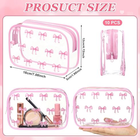 10 Pcs Pink Bow Clear Makeup Bag Coquette Cosmetic Bags PVC Travel Toiletry Preppy Portable Gift Transparent Pouch with Zipper Portable Makeup Organizer Pouch for Essentials in Kuwait