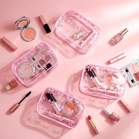 10 Pcs Pink Bow Clear Makeup Bag Coquette Cosmetic Bags PVC Travel Toiletry Preppy Portable Gift Transparent Pouch with Zipper Portable Makeup Organizer Pouch for Essentials in Kuwait