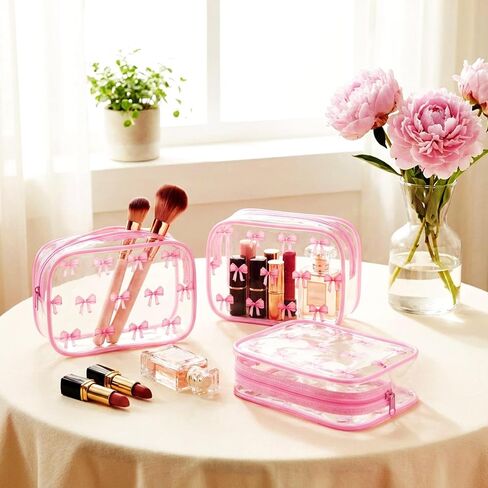 10 Pcs Pink Bow Clear Makeup Bag Coquette Cosmetic Bags PVC Travel Toiletry Preppy Portable Gift Transparent Pouch with Zipper Portable Makeup Organizer Pouch for Essentials in Kuwait
