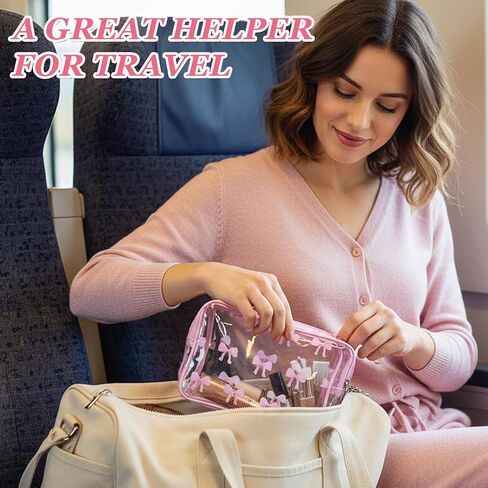 10 Pcs Pink Bow Clear Makeup Bag Coquette Cosmetic Bags PVC Travel Toiletry Preppy Portable Gift Transparent Pouch with Zipper Portable Makeup Organizer Pouch for Essentials in Kuwait