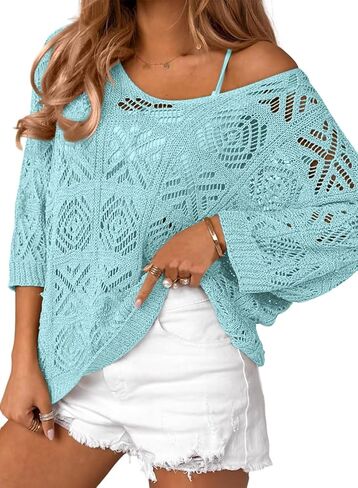 ATHMILE Off The Shoulder Tops for Women Summer Crochet Hollow Out 3/4 Sleeve Pullover Sweater Beach Cover up Vacation Clothes in Kuwait